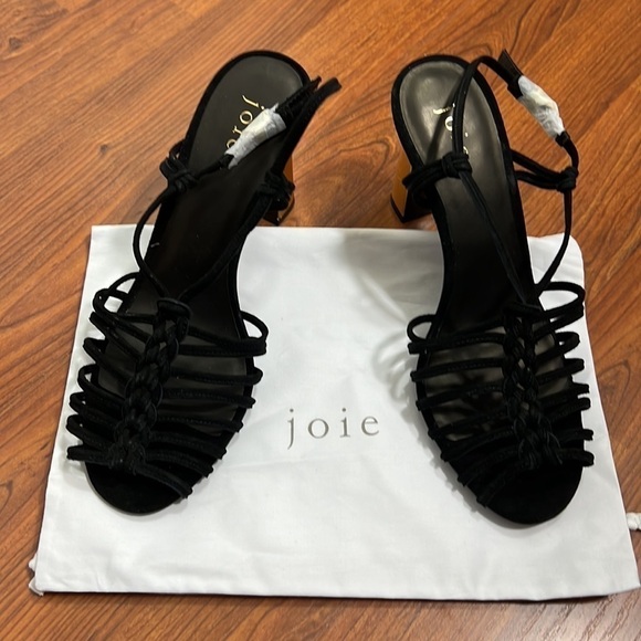 Joie Black Suede Strappy Odetta Gold Tone Heeled Sandals Sz 9 (EU 39) NIB - Picture 2 of 9